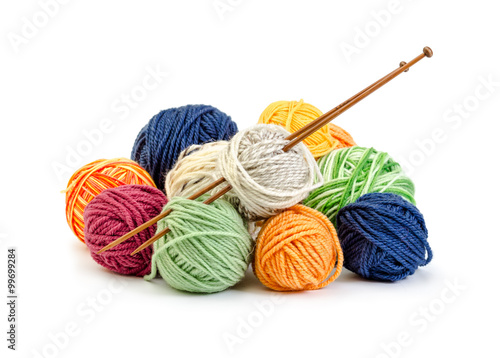 Colorful balls of yarn and wooden needles