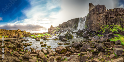 Panorama of waterfall in mountains in Iceland