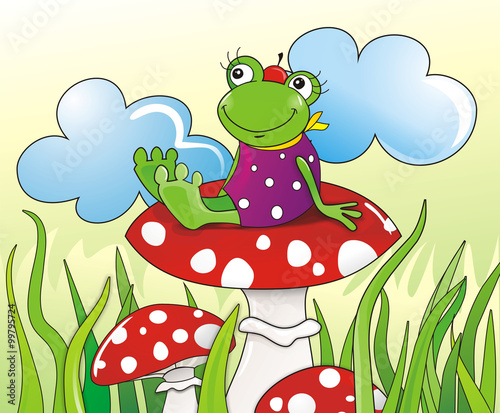 funny frog sitting on a toadstool