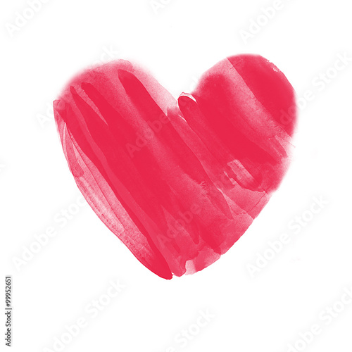 Hand drawn watercolor red heart on white background for posters, cards, flyers, T-shirt print and web-use. Ideally for Valentine's Day design.