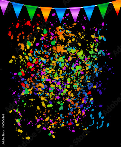 Party black background with explosion of confetti and flags