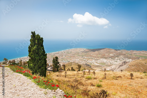 Beautiful view of the hill and sea on Santorini island, Greece