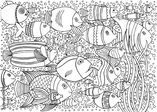 Hand drawn with ink background with many fishes in the water. Sea life design for relax and meditation. Vector illustration can be used for coloring book pages for kids and adults.