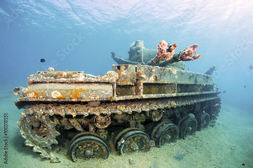 Sunken wreck of a tank in Aqaba, Red Sea, Jordan.