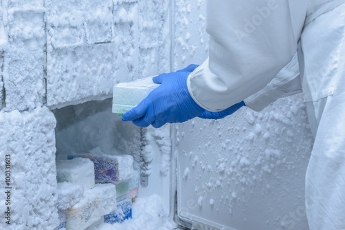 Scientist is putting frozen samples into freezer