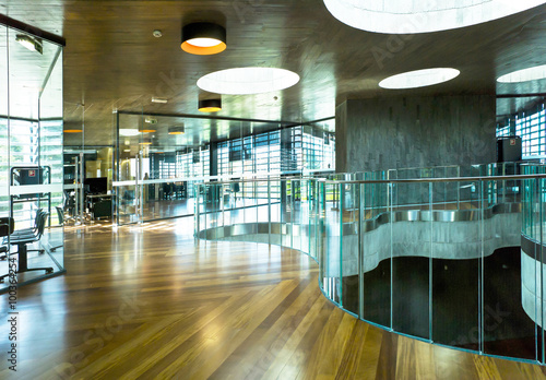 Modern office interior glass wood sunny