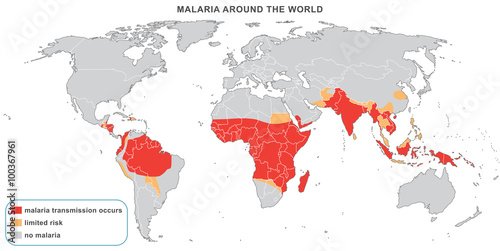 Malaria disease around the world, 2014. Warning map for travelers with dangerous areas recommended for vaccination. Fully editable vector map.