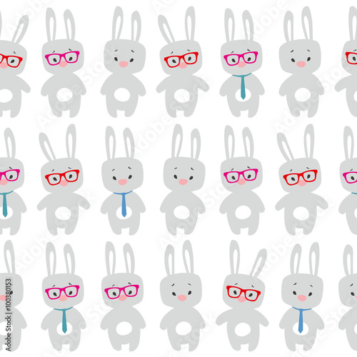 Cute seamless pattern with cartoon rabbits wearing glasses and tie.