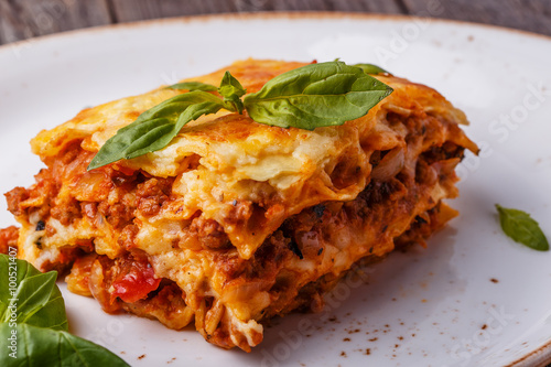 Traditional lasagna made with minced beef bolognese sauce