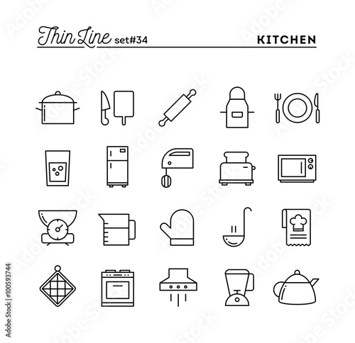 Kitchen utensils, food preparation and more, thin line icons set