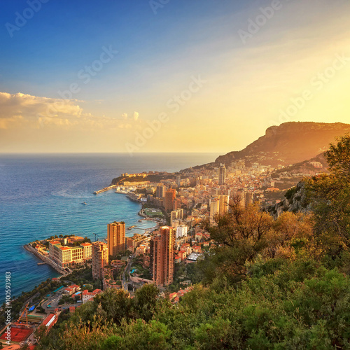 Monaco Montecarlo principality aerial view. Azure coast. France