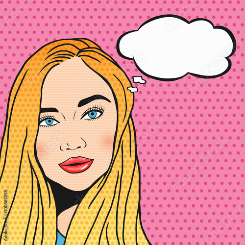 Pop art redhead woman smilig and thinking with thought cloud. Retro blonde girl smilling, vector illustration.