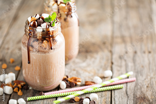 Chocolate shake with sauce and marshmallows