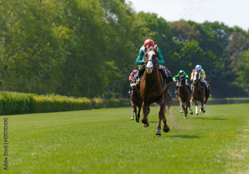 Several racehorses with jockeys during a horse race