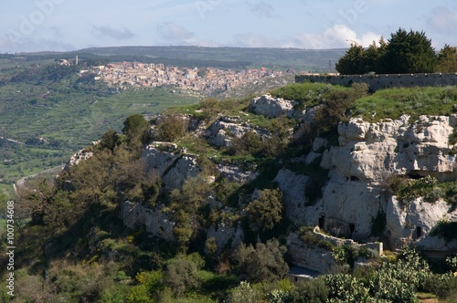 Town Buscemi from view point near town Palazzolo Acreide in the eastern Sicily, Italy