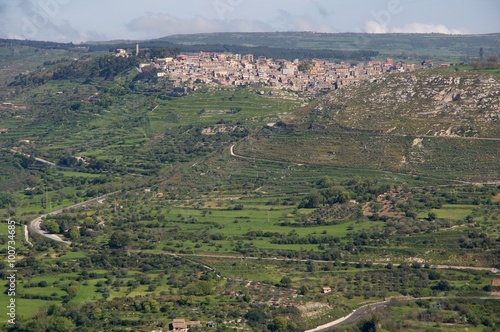 Town Buscemi from view point near town Palazzolo Acreide in the eastern Sicily, Italy