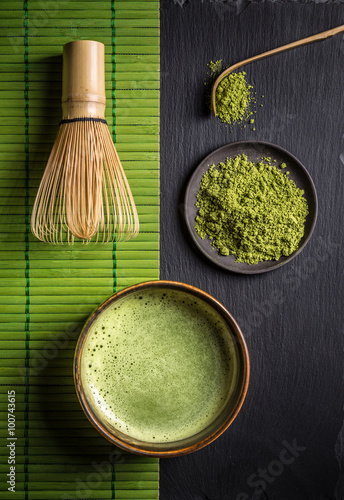 Matcha accessories and green tea