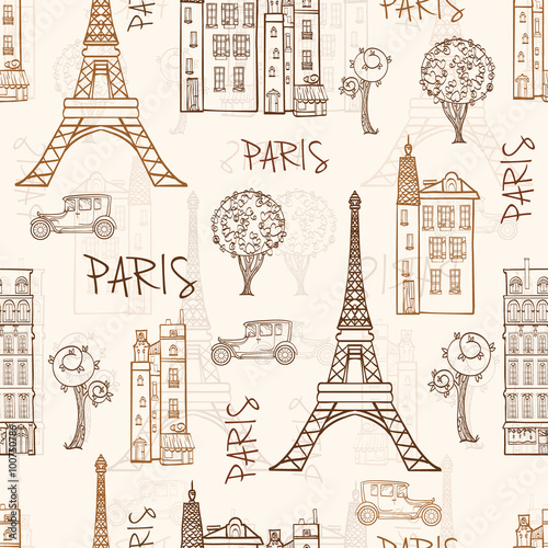 Vector Vintage Brown Paris Streets Travel Seamless Pattern with Eifel Tower, houses, trees and vintage cars.