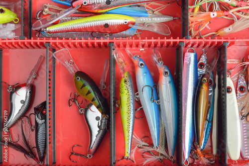 Colorful Fishing Lures on plastic box desk