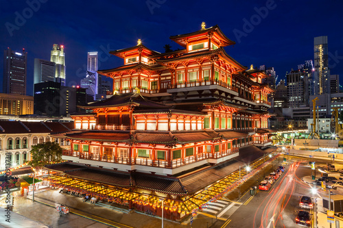 Night View of a Chinese Temple in Singapore Chinatown