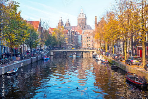 City scenic from Amsterdam in Netherlands in fall
