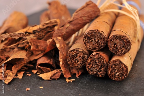 Dry tobacco leaves and cigars