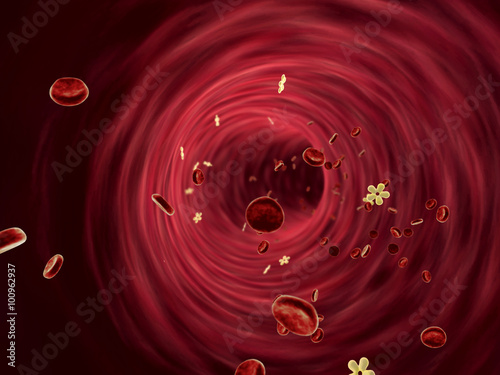 inside the blood vessel, insulin and leukocytes inside the blood vessel, white blood cells, High quality 3d render of blood cells, Red and white blood cells in artery