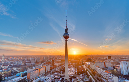 Beautiful sunset with the Television Tower at Alexanderplatz in Berlin