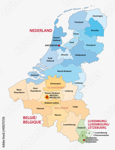 administrative map of the three Benelux countries Netherlands, Belgium, Luxembourg