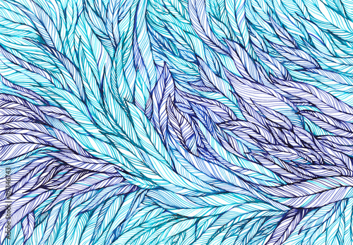 pattern of blue violet feathers, leaves, twigs, graphic pen and ink