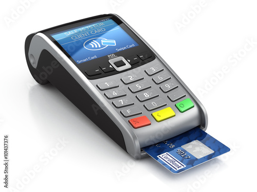 POS Terminal with credit card isolated on a white background