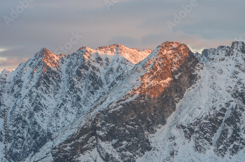 Orla Perc (Eagle's Path) mountain ridge in Tatra mountains, Poland, during sunset