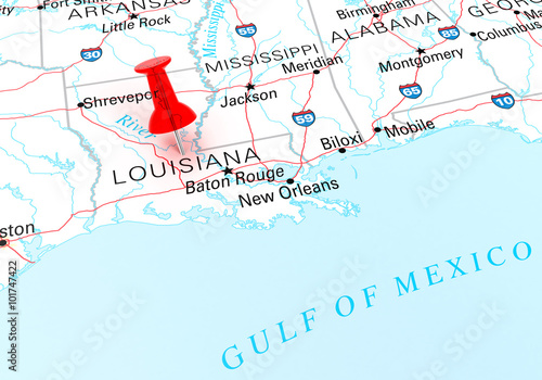 Red Thumbtack Over Louisiana State USA Map