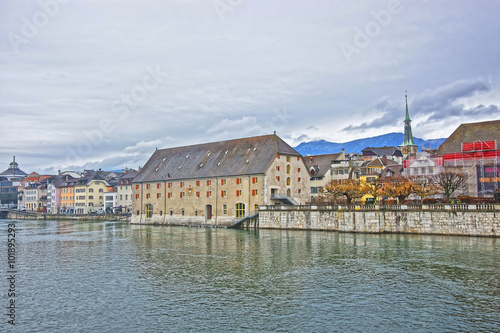 Waterfront and Clock Tower with Landhaus in Solothurn in Switzerland