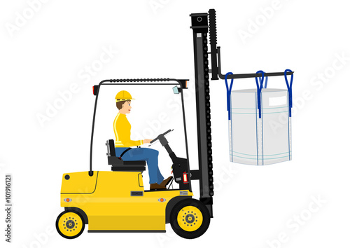 Cartoon forklift with the bulk bag on the forks. Vector on one layer without gradients.