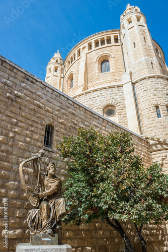 Statue of King David in front of Dormition Abbey on Mount Zion in Jerusalem, Israel