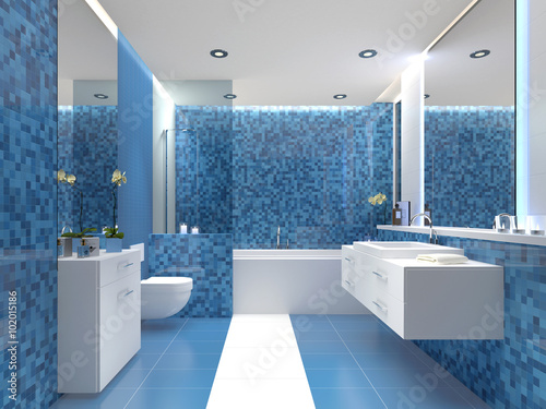 modernes Bad badezimmer mit farbigen fliesen blau weiss