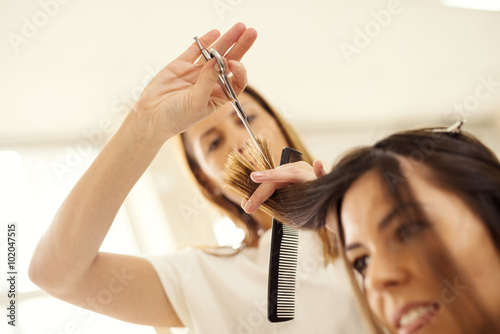 Hair cutting at hairdresser