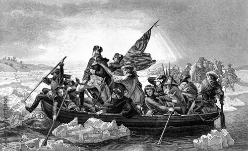 An engraved illustration of George Washington crossing the River Delaware during the American Revolutionary War, from a Victorian book dated 1886