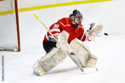 Hockey goalie in generic red equipment protects gate