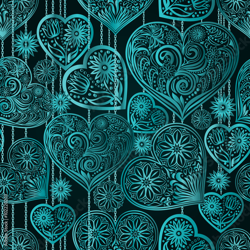 Valentines Day seamless background with hearts and flowers on chains. Hand drawing floral motif vintage vector EPS-8 texture. The ability to change colors without loss of seamless.