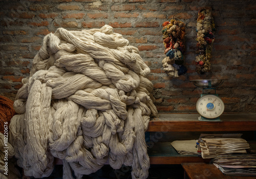 Plain wool before dyeing in a rug factory