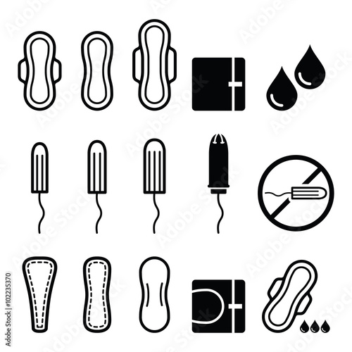 Feminine hygiene products - sanitary pad, pantyliner, tampon icons 