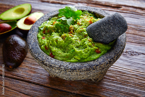 avocado Guacamole on molcajete real Mexican