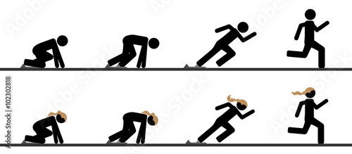 Runners at starting blocks in different phases 