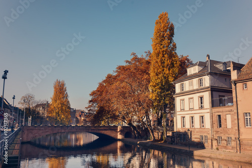 Picturesque houses along the Rur River in the historic center of Strasburg, France