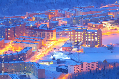 Khibiny Mountains, Kirovsk, Russia. Night city. Winter mountain landscape.