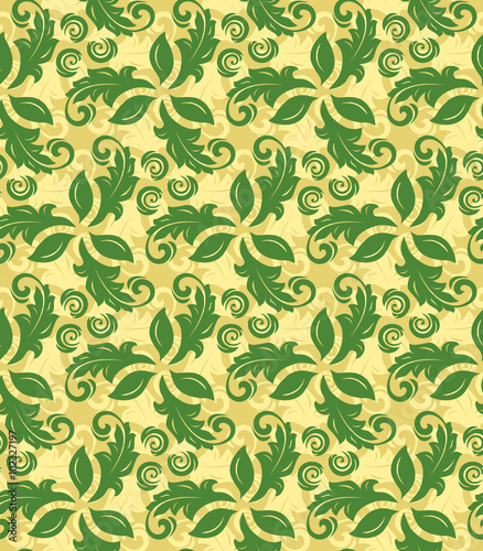 Floral vector ornament. Seamless abstract classic fine pattern. Golden and green wallpaper
