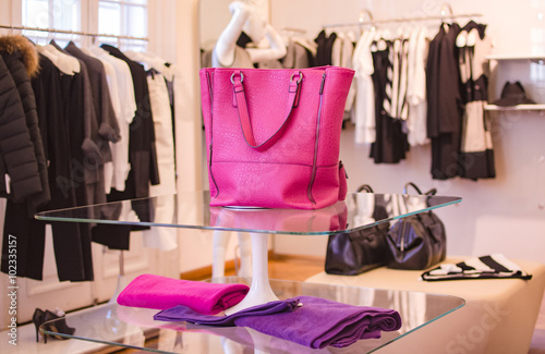 Pink women handbag in a clothing fashion store.