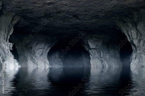 underground river in a dark stone cave